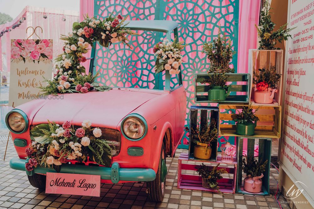 Photo of unique funky mehendi decor with half a car