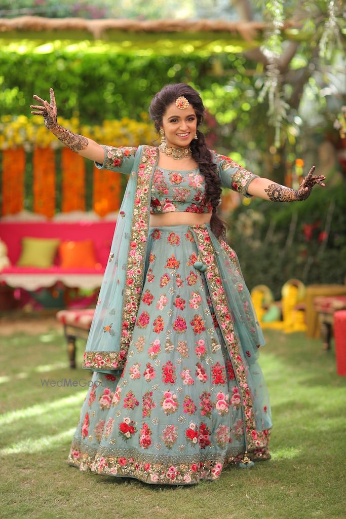 Photo of Slate blue mehendi lehenga with florals