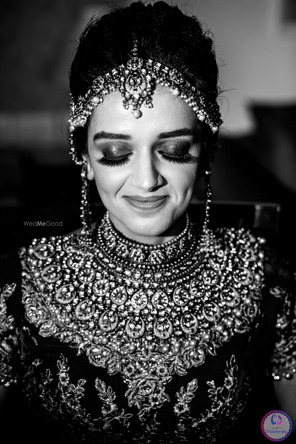 Photo of Black and white bridal portrait with bib necklace