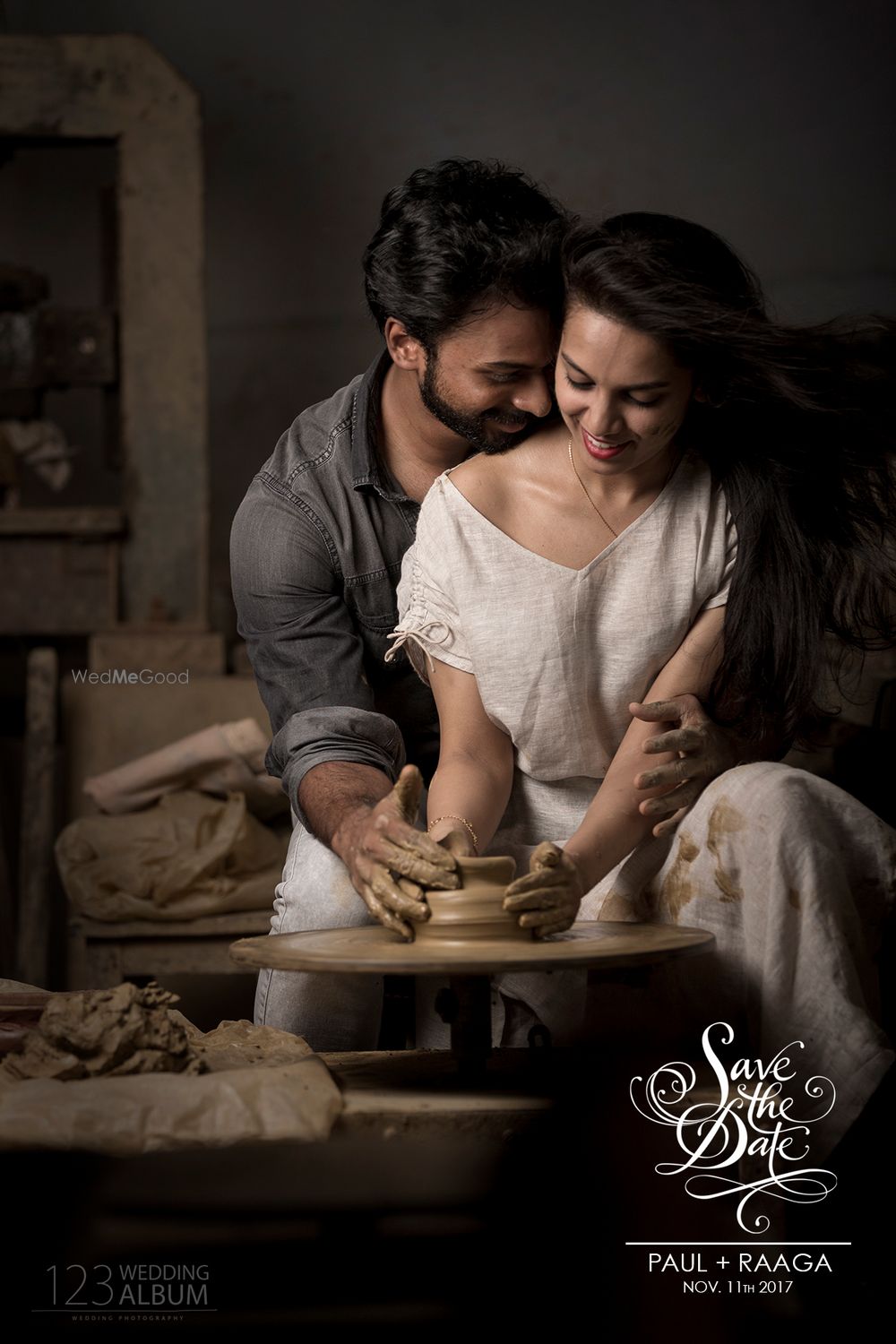 Photo of A bride and groom pose for save the date idea.