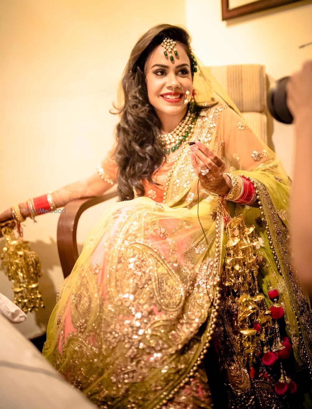 Photo of lime green and coral lehenga