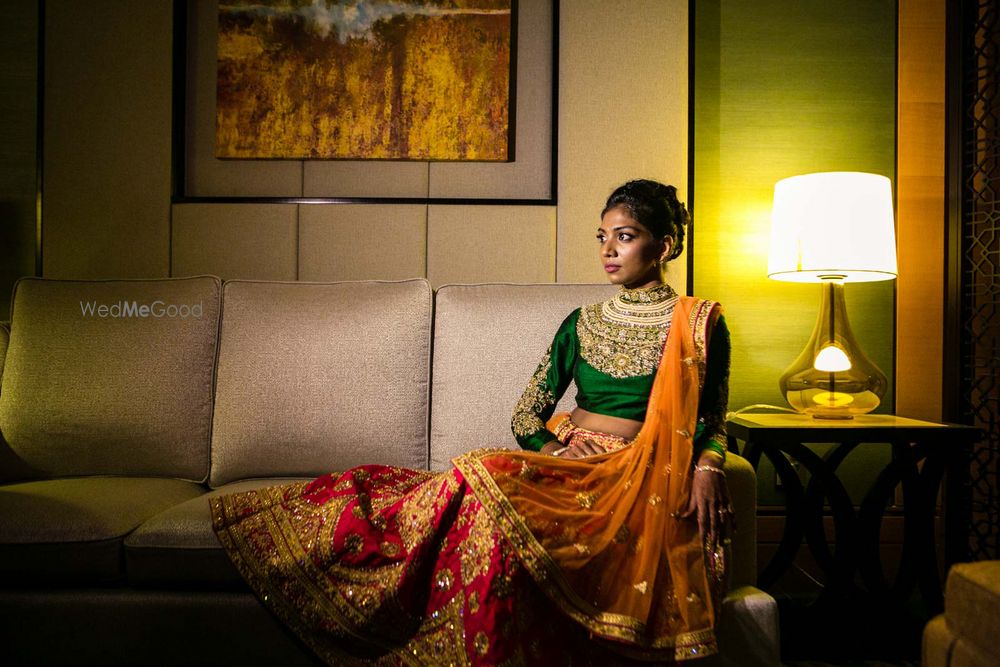 Photo of Bridal portrait in roomin multicolour lehenga