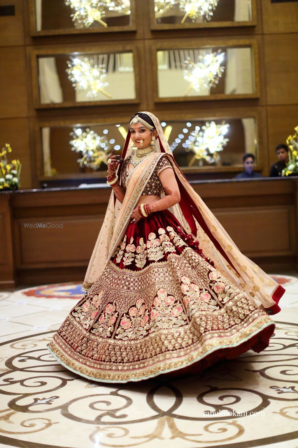 Photo of Maroon floral threadwork lehenga in velvet