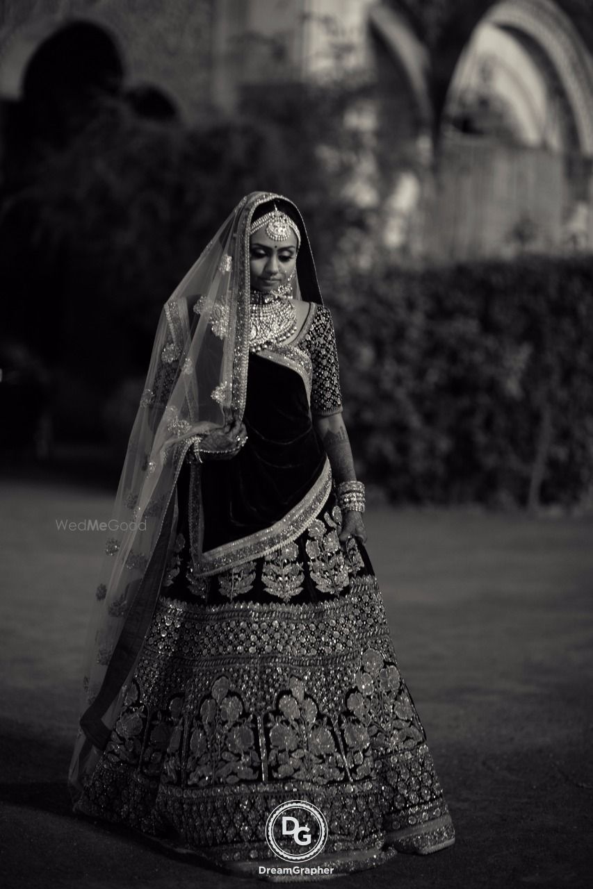 Photo of Timeless bridal portrait black and white with Sabyasachi lehenga