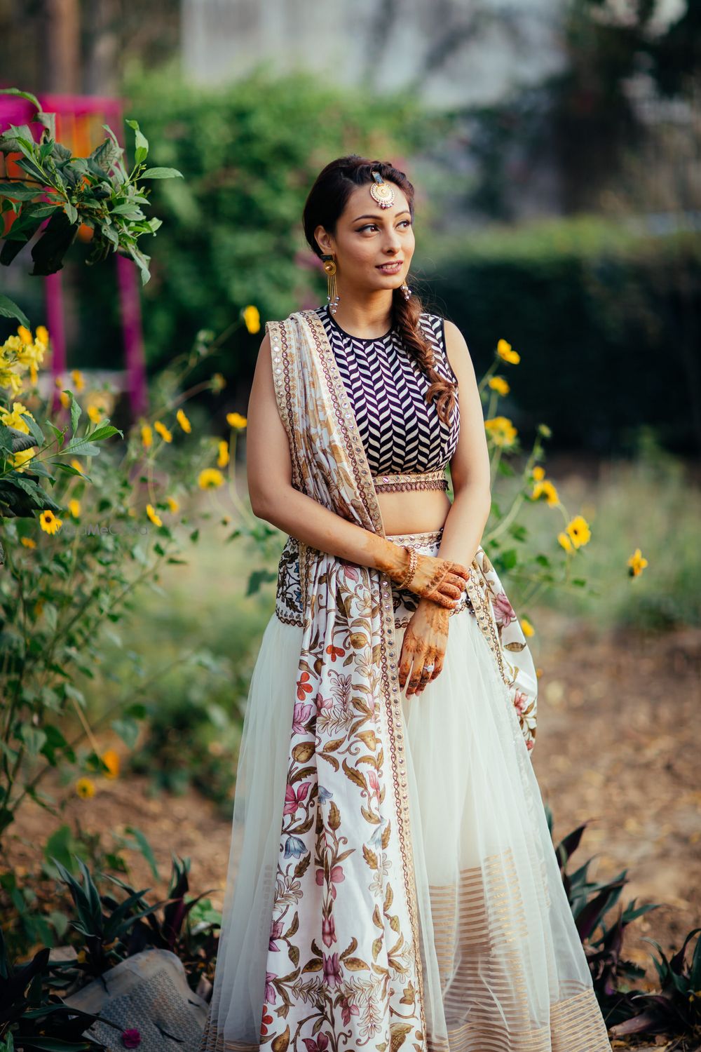 Photo of Off white and blue lehenga for mehendi