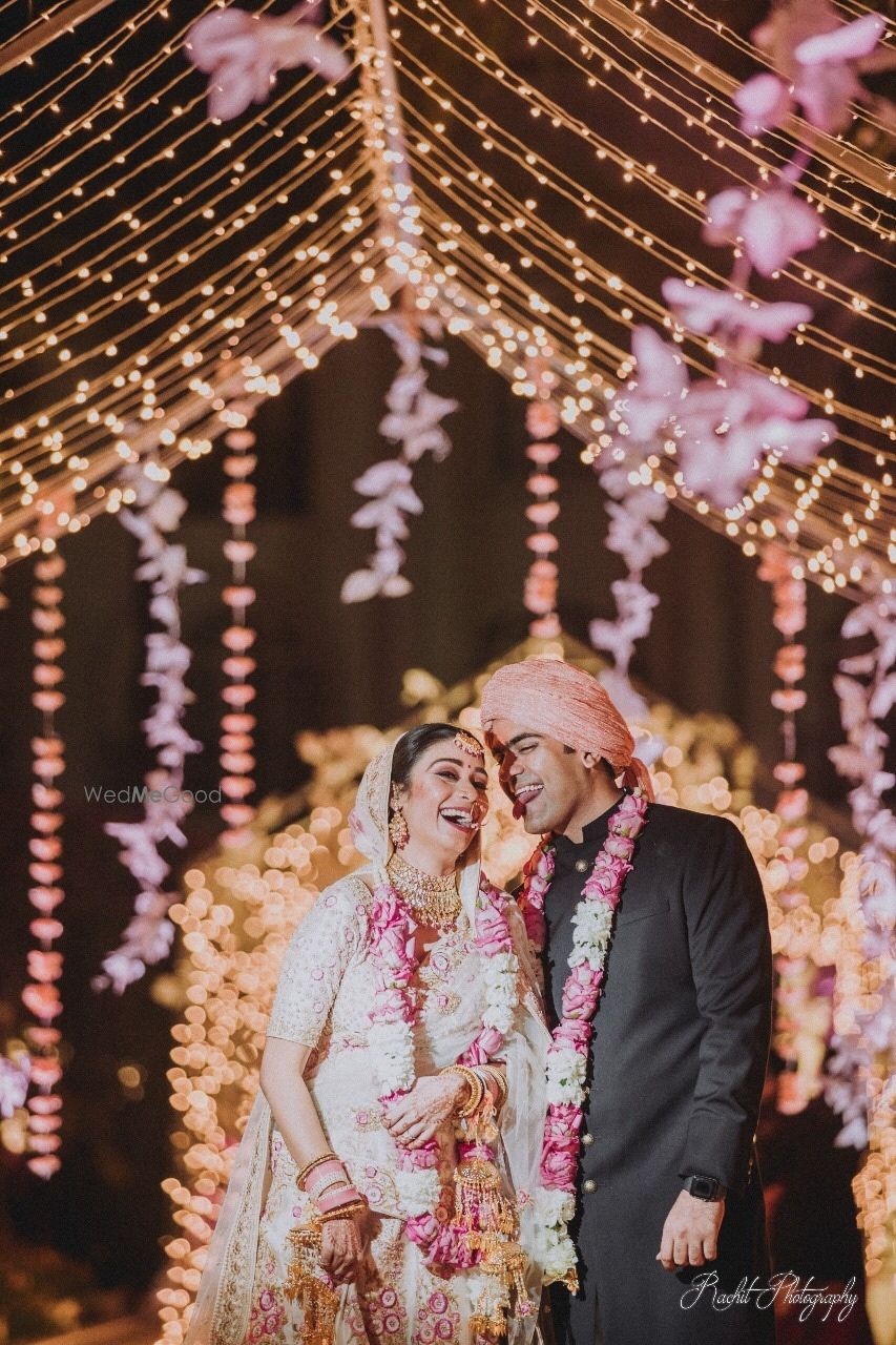 Photo of Wedding day happy couple shot with jaimala