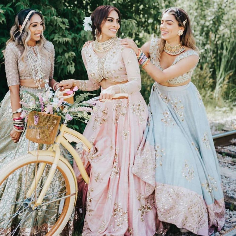 Light Blue Bridal Lehenga Photo bride with bridesmaids