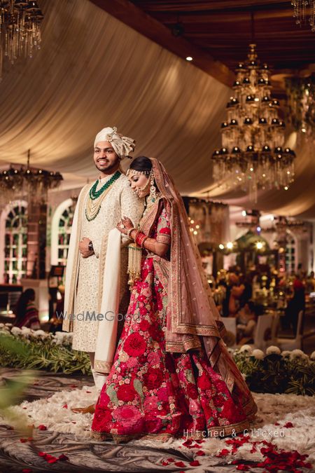 Photo of Bride in romantic pose with groom