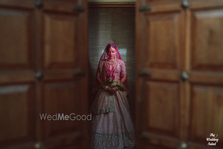 Photo of wedding day bridal portrait with veil on her head