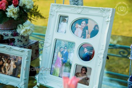 Photo of family photos as wedding decor