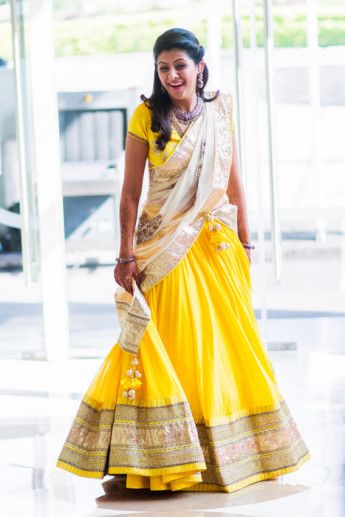 Photo of yellow and white lehenga