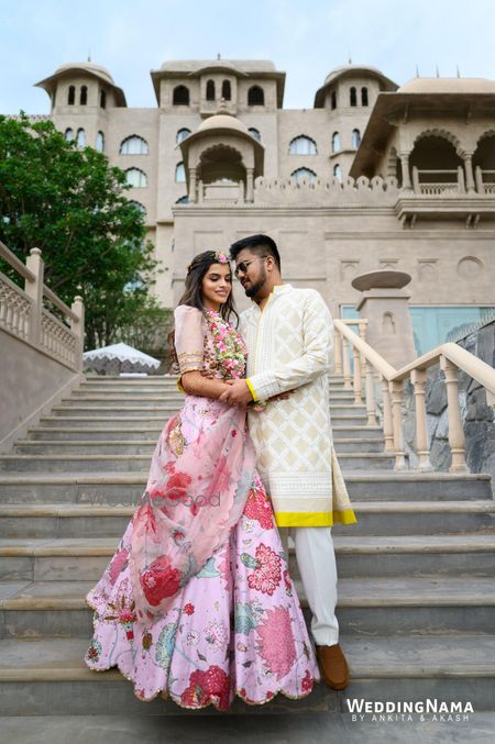 Photo of mehendi lehenga in pink with floral print