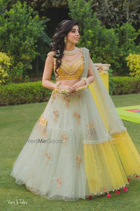 Photo of Mint and yellow pretty engagement lehenga