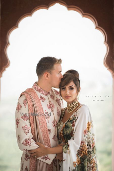 Photo of Mehendi couple portrait bride in saree