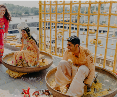 Photo of cute shot of bride and groom on haldi