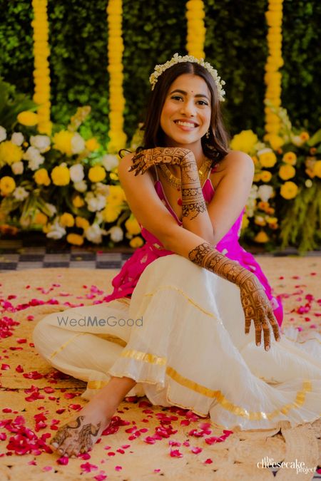 Photo of back hand mehendi design bridal portrait