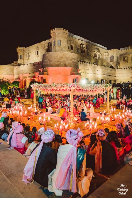 Photo of grand gold mandap idea for a fort wedding