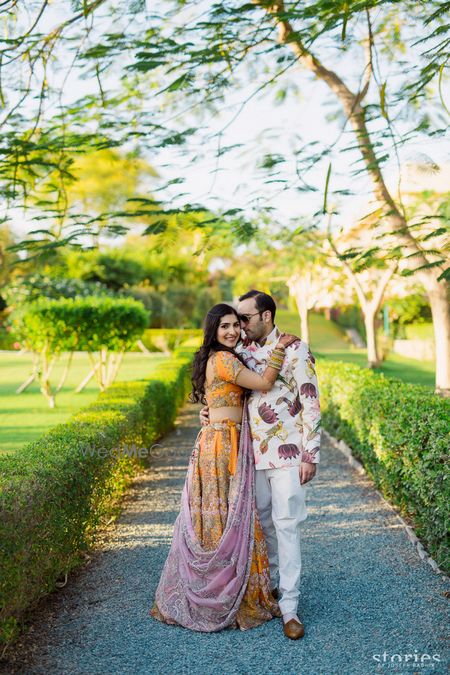 Yellow Wedding Photoshoot & Poses Photo Yellow and lavender lehenga by Anamika khanna