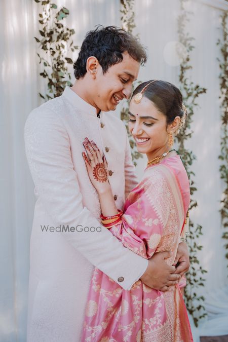 Photo of bright and happy couple portrait