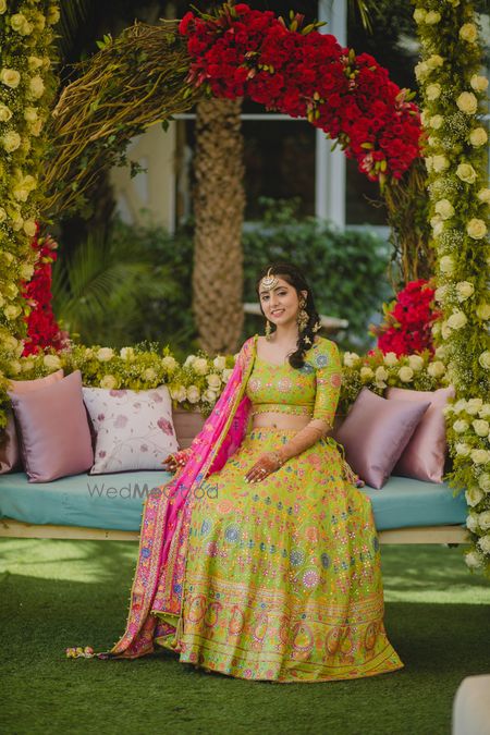 Photo of Lime green lehenga for mehendi with pink dupatta