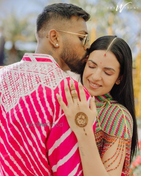 Photo of Hardik & Natasa Mehendi and Haldi look close up portrait