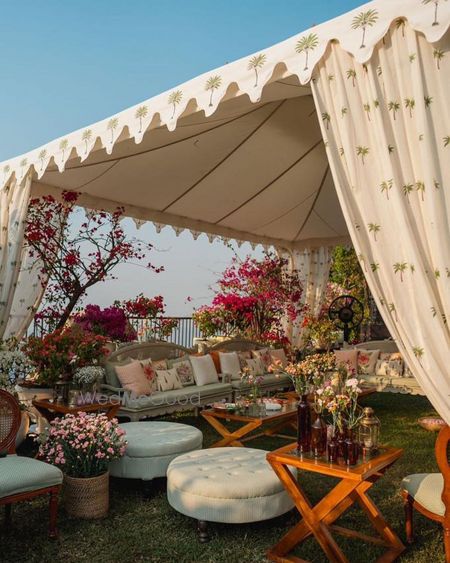 Photo of outdoor mehendi decor with the block printed drapes at Athiya Shetty and KL Rahul