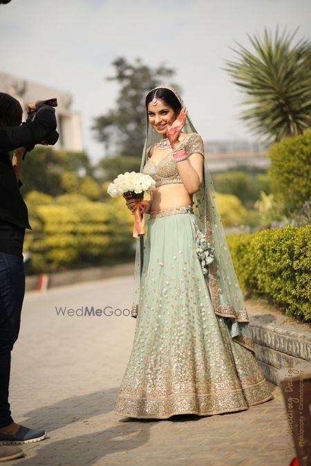 Photo of Unique offbeat colour sabysachi bridal lehenga