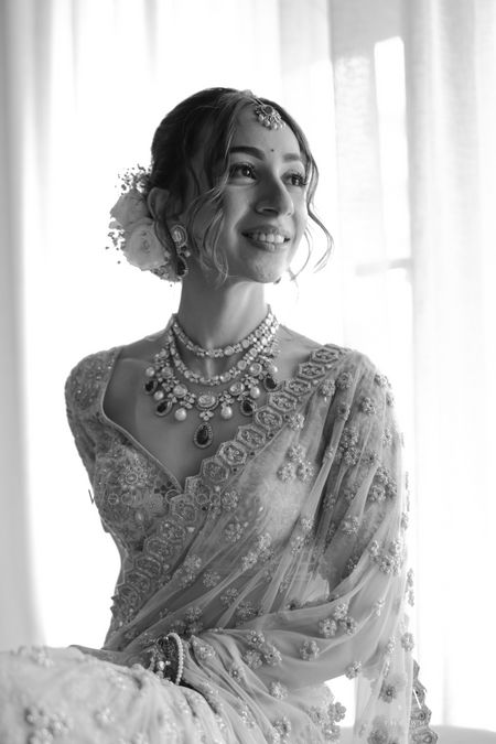 Photo of Stunning bridal portrait capture in black and white of the bride on the wedding day