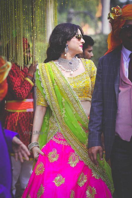 Photo of pink and yellow lehenga