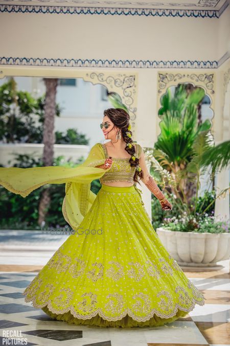 Photo of Happy bride in lime green anushree reddy lehenga