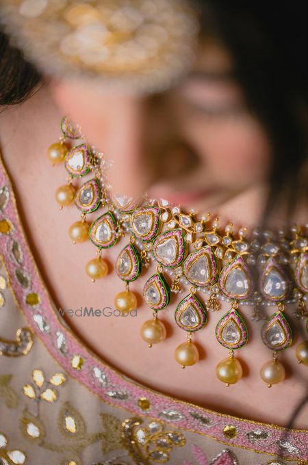 Photo of Polki bridal necklace with pink and blue