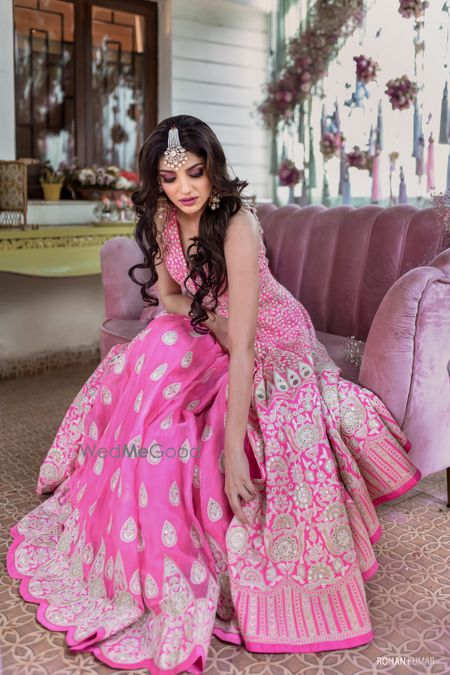 Photo of Miheeka Bajaj in a pink indo western lehenga for her mehendi