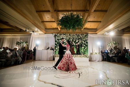 Photo of Couple dancing on unique dance floor with monograms