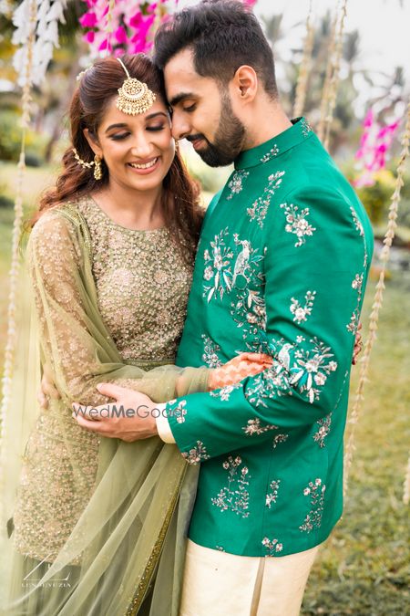 Photo of Modern mehendi outfit ideas for the couple in shades of green