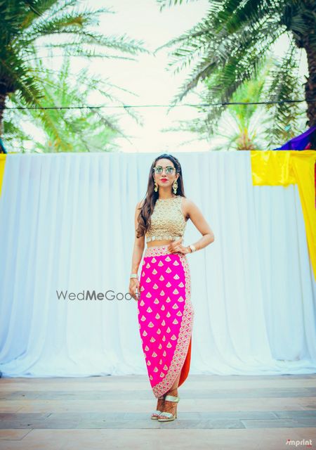 Photo of Fuschia pink straight skirt and crop top for mehendi