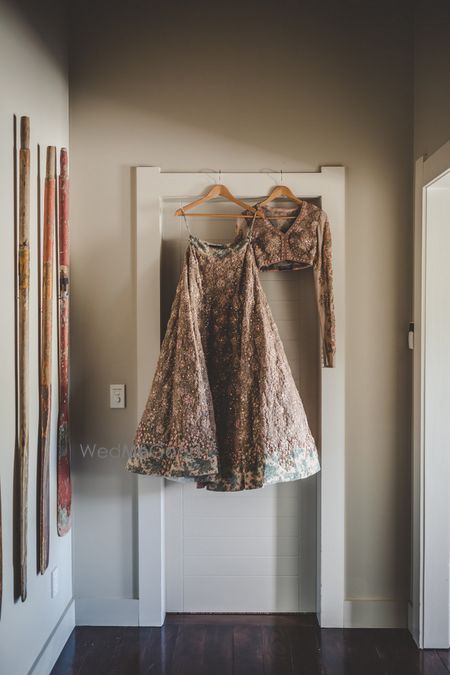 Photo of Pink and grey floral embroidered lehenga