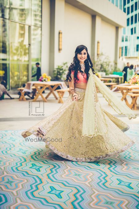 Photo of Peach and sage green mehendi lehenga