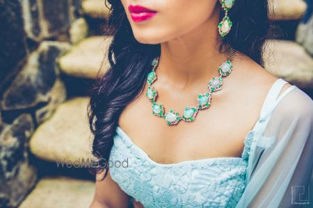 Photo of Enamel turquoise necklace for engagement with mint lehenga