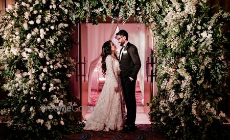 Photo of Engagement couple portrait with grand entrance decor