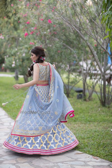 Photo of Ice blue lehenga with pink border