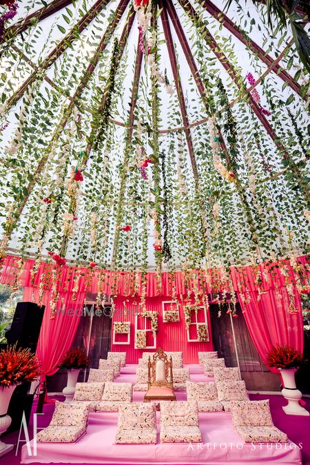 Photo of Mehendi decor idea with hanging floral strings