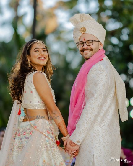 Photo of cute couple pose during wedding