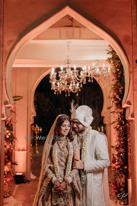 Photo of cute couple pose during wedding