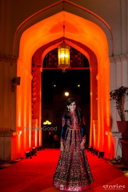 Photo of Floor length jacket lehenga in navy blue velvet