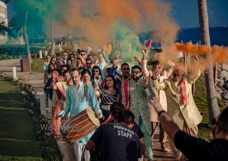 Photo of Groom entry on mehendi or wedding with smoke sticks