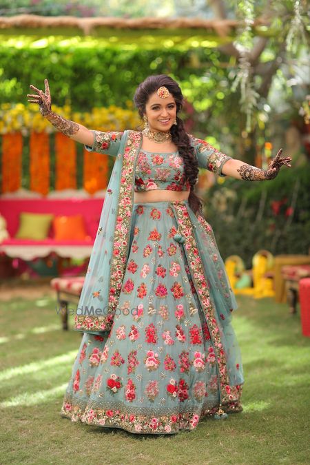 Photo of Slate blue mehendi lehenga with florals