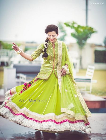 Photo of green banarsi jacket lehenga