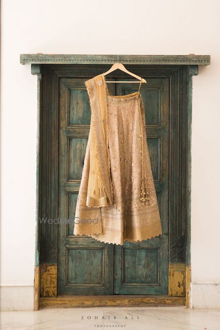 Photo of Lehenga against green door on hanger