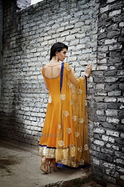 Photo of mustard yellow chiffon anarkali with embroidered dupatta