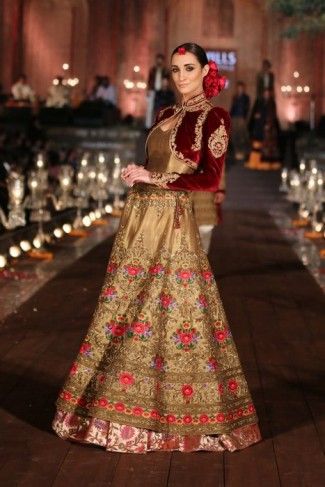 Photo of gold and maroon lehenga